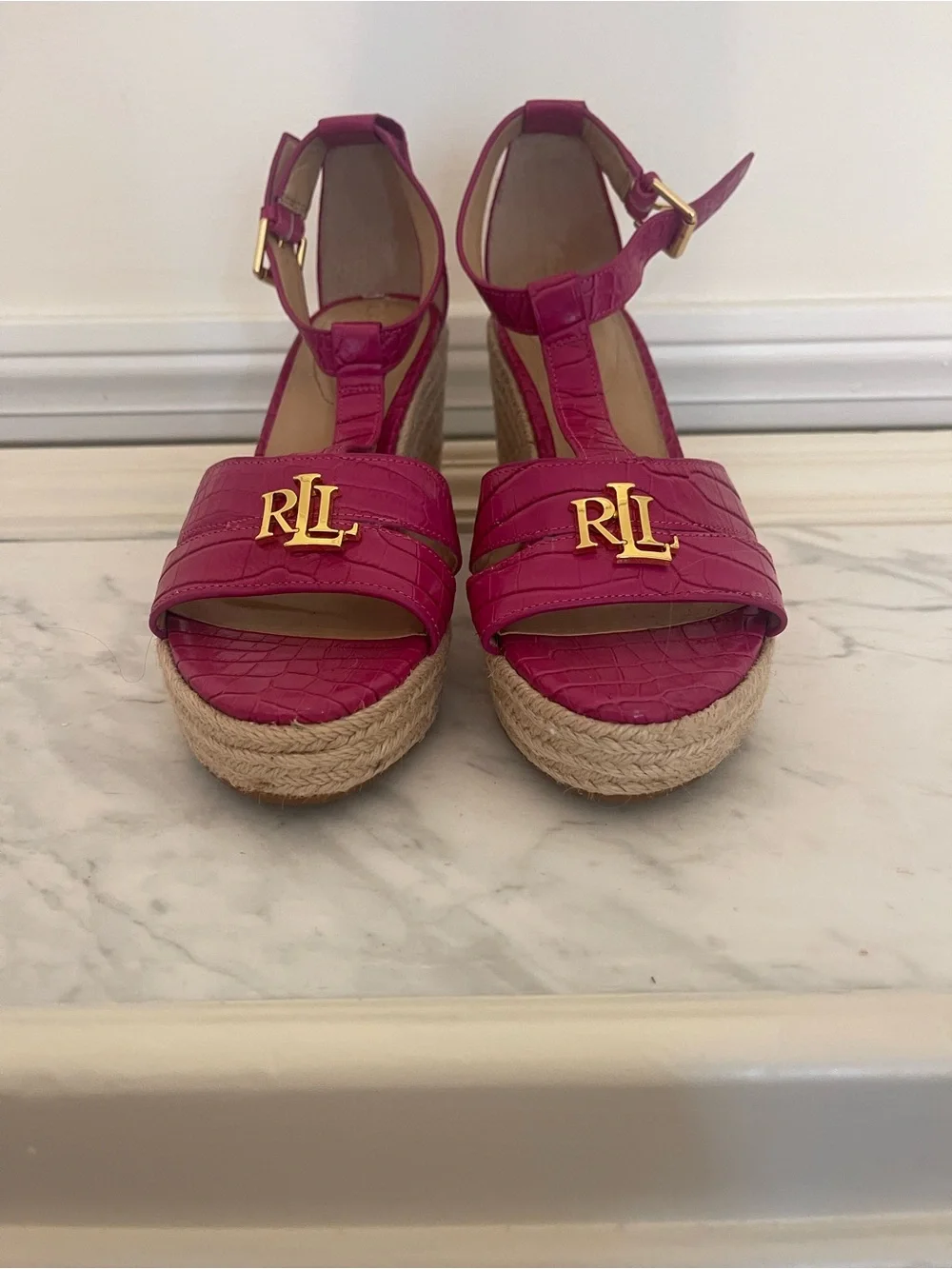 Ralph Lauren Hot Pink Croc-Embossed Espadrille Wedge Sandals with Gold RL Logo